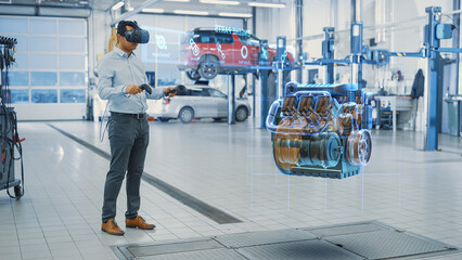 Premium Car Service Manager Uses a Futuristic Virtual Reality Headset Diagnostics Gadget with Controllers. Specialist Inspecting the V6 Internal Combustion Engine for Parts and Component Numbers.