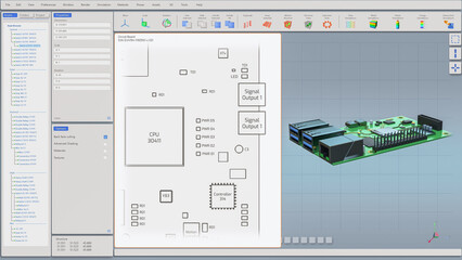 Poster - 3D VFX Graphics Design of Circuit Board, Computer Motherboard Components: Microchips, CPU Processor, Transistors, Semiconductors. Insides of Electronic Device, Parts of Supercomputer Concept.