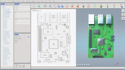 Poster - 3D VFX Graphics Design of Printed Circuit Board, Computer Motherboard Components: Microchips, CPU Processor, Transistors, Semiconductors. Insides of Electronic Device, Parts of Supercomputer Concept.