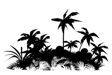 Wall Mural - Meadow and palm trees. Jungle rainforest. Nature landscape silhouette. Dense tropical thickets. Isolated on white background. Vector.