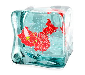 Poster - chinese map frozen in ice cube, 3d rendering