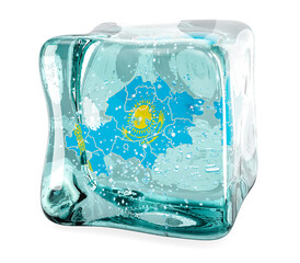 Poster - kazakh map frozen in ice cube, 3d rendering