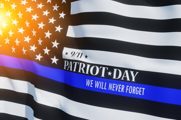 Wall Mural - American flag with police support symbol Thin blue line and light spot. Remembering, memories on fallen people on september 11, 2001. Patriot day. 3d image.