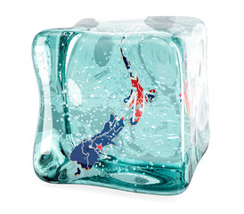 Poster - new zealand map frozen in ice cube, 3d rendering