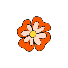 Retro Groovy Flower Element, Daisy flat icon in doodle style. Cute Hand Drawn Hippy Flower inspirited by 70s years. Vintage vector illustration isolated on white background. Floral for poster, print.