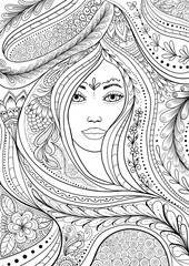 Wall Mural - Woman portrait with ornament in zentangle style outline, adult coloring book page