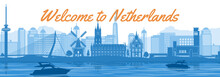 Netherlands Famous Landmark With Blue And White Color Design,vector Illustration