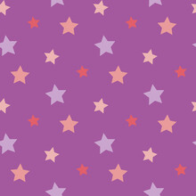 Seamless Pattern In Dark Pink And Lilac Stars On Purple Backgound. Vector Image.