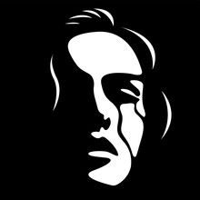 Black And White Light And Shadow Vector Illustration Of A Woman's Face With Tears Flowing Down Her Cheeks. War, Victim Of Violence, Domestic Violence Against Women, Abuse, Harassment. Social Poster. 