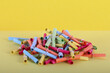 close up of a heap of colorful tombola tickets on a colorful background