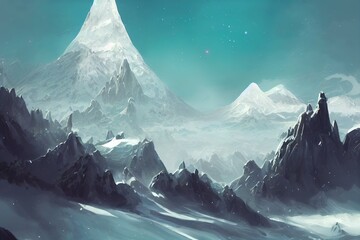 Wall Mural - Snow Mountain. Sci Fi Topic. SpitPaint. Concept Art. Fast Drawings. Sketch Paint. Realistic Style. Video Game Digital CG Artwork, Concept Illustration, Realistic Cartoon Style Scene Design