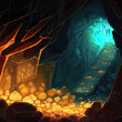 A secret cave filled with gold, gems and other treasures. 