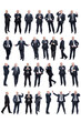 © Анна Демидова - A set of images of a bald man in a black formal suit in various poses. Business, success and failure. Full height. Isolated on white background. Vertical.