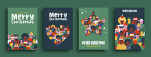 Merry Christmas Diverse People Crowd Greeting Card Set
