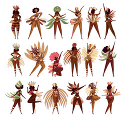 Wall Mural - Set of beautiful Brazilian girls performing Samba dance at carnival. Young women wearing festival costumes cartoon vector