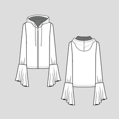 Zipper Hoodie Ruffles Bell Sleeve Top long sleeve frill trim cad Fashion design drawing template