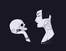Woman Witch Holds A Human Skull On Her Hand And Looks At It. Dark Magic Vector Illustration. 