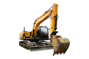 Heavy modern yellow digger excavator isolated on a transparent background. 