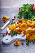 Raw wild mushrooms chanterelles on old wooden background. Vegetarian healthy product. Healthy lifestyle.