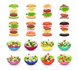 Canvas Print - Different Salads in Bowl and Burgers with Ingredients Big Vector Set