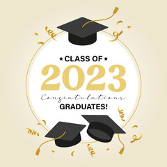 Vector illustration. Class of 2023 badge design template in black and gold colors. Congratulations graduates 2023 banner sticker card with academic hat for high school or college graduation