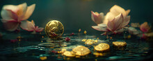 Abstract Golden Flowers And Gold Coins As Wallpaper Background