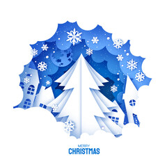 Wall Mural - Winter Snowy Christmas tree. Urban Countryside Landscape with Houses. City Village Full Moon. Happy New Year paper art craft style. Snowy frame. Blue.