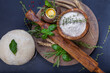Pizza dough with egg, herbs and flour