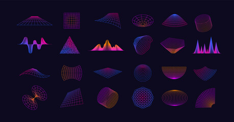 Fototapete - Neon grid collection. Retro cyberpunk glitch elements, abstract futuristic geometric shapes for virtual reality game design. Vector set of pattern grid graphic illustration