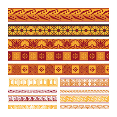 Poster - greek horizontal pattern. ancient meander ornament with flowers, antique mediterranean geometric flo