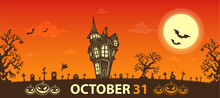Halloween Orange Banner.Pumpkins, A Cemetery And A Dark Castle.
