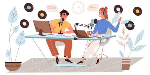 Fototapete - recording audio podcast concept in flat design. man and woman talk to microphones, work at computers