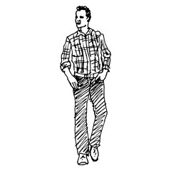 Standing young man wearing plaid shirt with hands in his pockets. Akimbo pose. Hand drawn linear doodle rough sketch. Black silhouette on white background.