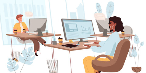 Poster - Business office concept in flat design. Employees talk and discuss tasks, working at computers sitting at workplaces, teamwork. Colleagues communicate in office people scene.