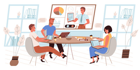 Aufkleber - online conference concept in flat design. employees at business meeting, discussing work, listening 