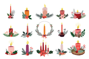 Wall Mural - christmas floral decoration with candles and seasonal flowers and plants, winter design. hand drawn 