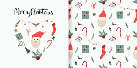 Wall Mural - christmas winter set with seamless pattern and greeting card, cute seasonal elements,background, wal