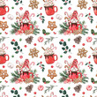 Winter seamless pattern. Christmas watercolor print. Hand-painted red cocoa mug, cute gnome, pine branches on white background.