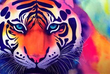 A Painting Of A Tiger With Blue Eyes And A Multicolored Background Is Shown In This Image Of A Tiger.
