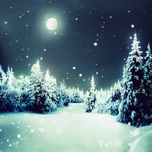 Magical Winter Forest At Christmas Night With Moon