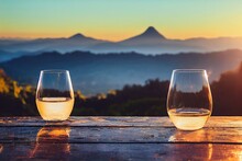  Two Glasses Of Water Sitting On A Table With A View Of Mountains In The Background At Sunset Or Dawn.