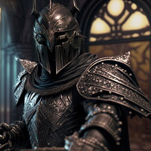 Armored Gothic Fantasy Knight In A Dramatic Pose, Wearing An Iron Helmet In A Dramatic Location With Studio Lights 3D Illustration