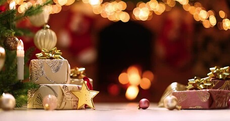 Wall Mural - christmas tree with gifts and a star near the fireplace