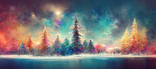 illustration of a beautiful christmas winter landscape, digital art