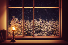 Frozen Snowy Winter Scene At Night Through Window