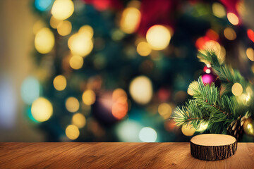 Wall Mural - wooden table and Christmas lights in background