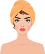 Portrait of a beautiful girl after a shower. Young Woman with hair wrapped in a bath towel. Stylized vector image of a girls face