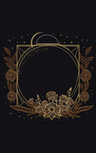 Boho Frame With Flowers, Celestial Trendy Linear Style, Mystical Borders, Line Art, Vector, Moon, Filagree, Dark Background, AI Generated, Gold Accents