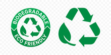 Biodegradable Recyclable Icons, Organic Bio Package Vector Leaf And Arrow Label. Plastic Free, Eco Safe Recyclable And Bio Degradable Package Stamps