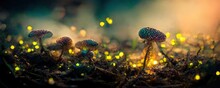 Macro Photography Of Tiny Iridescent Coloured Mushro. AI Generated Art Illustration.